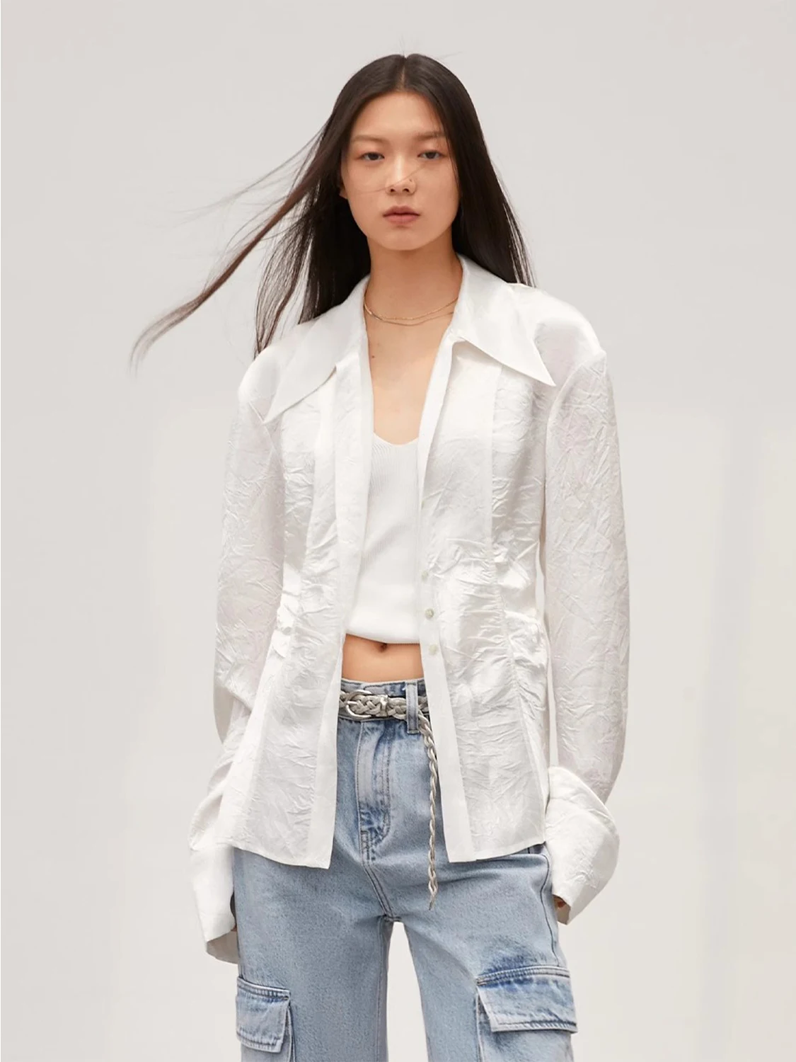 

Женская свободная блузка ZhiEn Fu Long Sve из ацетатного атласа с плиссировкой, удобная, дышащая, однотонная, для повседневной носки