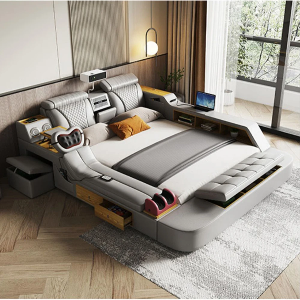 MANBAS Tech Smart Bed - the Ultimate Multifunctional Bedframe with Genuine Leather, Massage, Speaker, Projector, Air Purifier