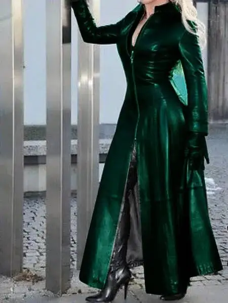 Extended Length PU Leather Jacket Stand Collar Street Style Gothic Trend For Women Long Sleeve Fashionable Outerwear