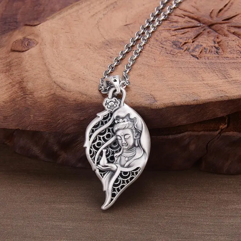 

S999 Sterling Silver Maitreya & Guanyin Pendant Antique Ethnic Bodhi Leaf Necklace Unisex Hand Engraved Buddhist Artisan Gift
