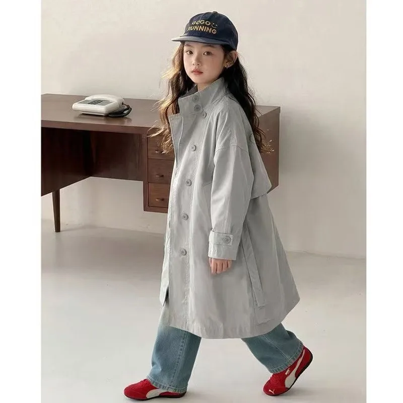 New Spring Autumn British Style Stand Collar Mid-Length Trench Coat For Big Girls Fashion Casual Kids Windbreaker Outerwear