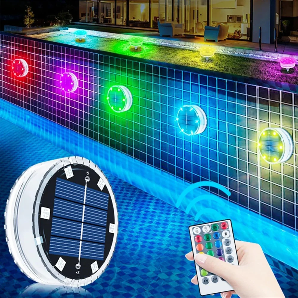 Solar Powered Led Underwater Light 6 Leds Swimming Pool Lamp IP68 Waterproof with Remote Controller for Fountain,Garden