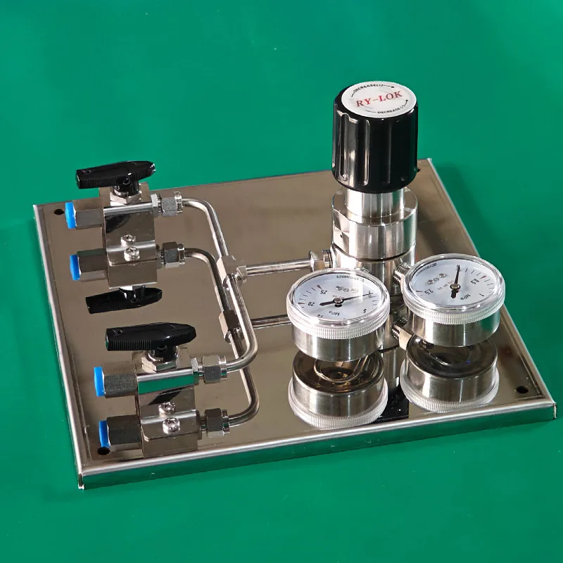 Stainless steel manual busbar with two in, one out, three in, and one laboratory air system switching device control panel