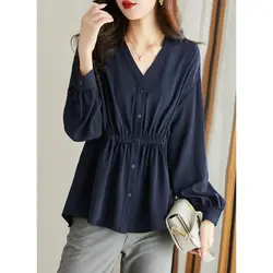 Korean Fashion Spring/Summer New Women's V-Neck Solid Single Breasted Corset Temperament Loose Long Sleeve Chiffon Shirt Tops