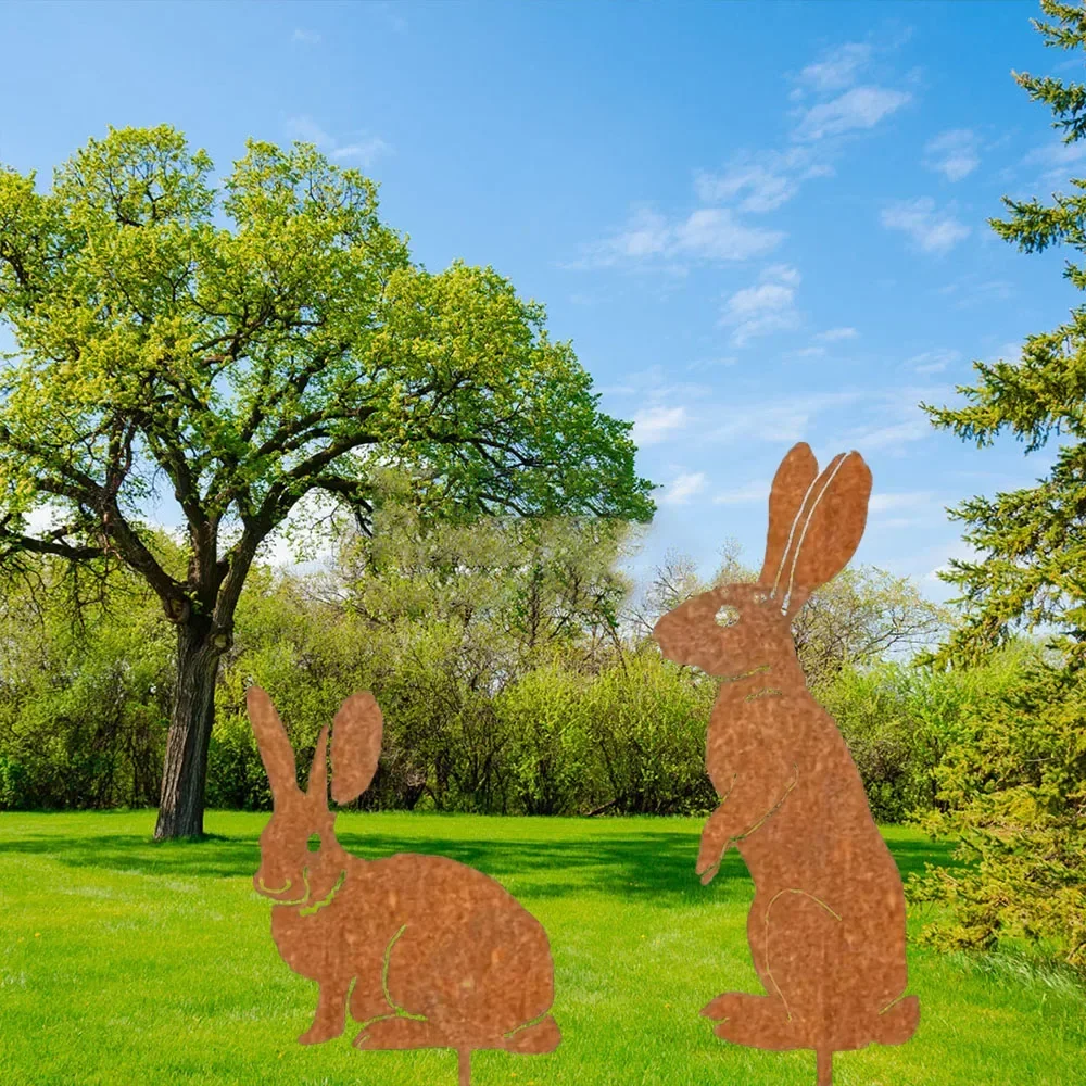 Delightful Rustic Metal Rabbit Garden Stakes – Pleasing Outdoor Decor with Rusty Bunny. Cheerful Outdoor Yard Art for Farmhouse