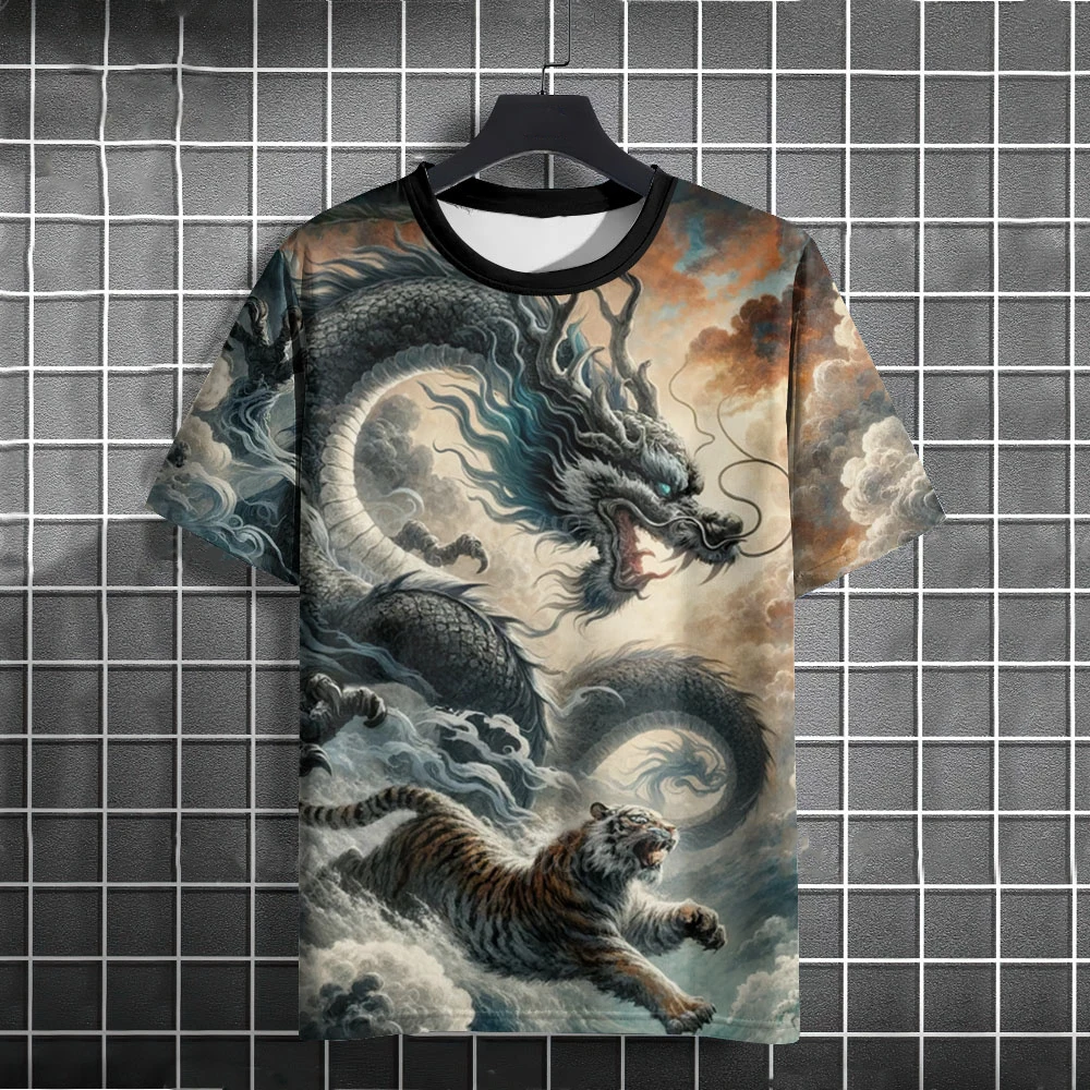 

Funny 3D Chinese Loong Print T Shirt For Men Fashion Tiger Pattern Short Sleeve Tee Casual O-neck Loose Top Summer Men's Clothes