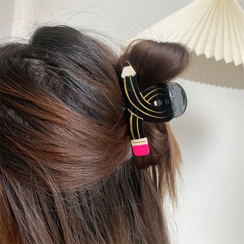 Funny Y2k Pencil Shape Hair Claw Cross Korean Style Acetate Claw Clip Ponytail Holder Headdress Pen Shark Clip Outdoor