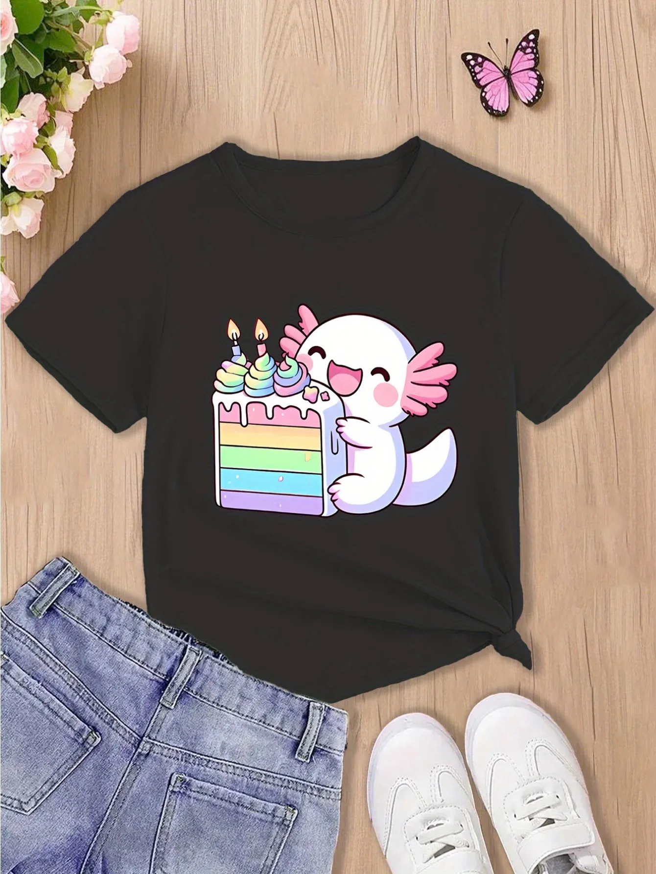 Cartoon Y2k Entzückendes Axolotl Geburtstagstorte Print T-Shirt Naturliebhaber T-Shirt Sommer Mädchen Jungen Shirt Casual Tops Crewneck Kleidung