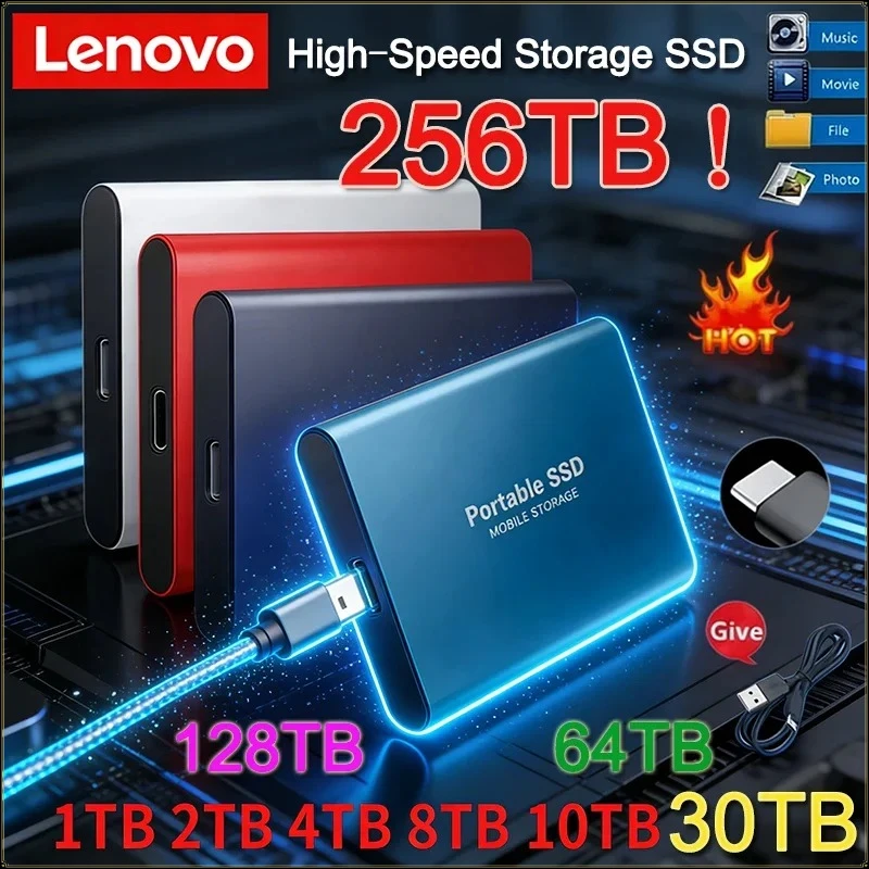 

Внешний твердотельный накопитель Lenovo 256 ТБ, 1 ТБ, 2 ТБ, высокоскоростной жесткий диск USB 3.1, портативный SSD 128 ТБ для ПК/ноутбука/Mac/телефона