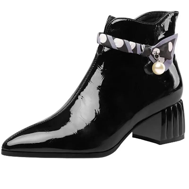 FHC Patent Leather Women Ankle Boots,Embossed Flower Short Botas,Pearls Winter Shoes,Side Zip,Pointed Toe,Green,Black,Dropship