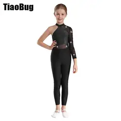 Kids Girls Ballet Jumpsuit Glittery Rhinestones Sheer Mesh Long Sleeve Bodysuit Figure Skating Dance Performance Costume