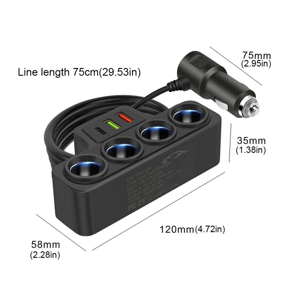 Car Cigarette Lighter Adapter QC3.0+PD 3.1A 12V-24V 3 USB Socket 4-Socket 18W Car Cigarette Lighter Splitter Phone Power Adapter