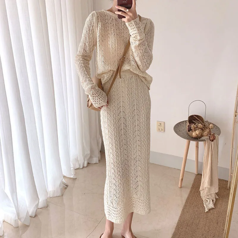 High Quality Knitwear Two Piece Set women spring fashion hollow out sweater female skirt suits 2025 Conjuntos Femininos Luxury