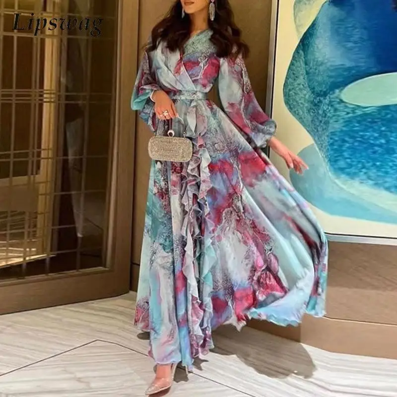 Casual Loose Tie-dye Print Beach Dress Fashion Lantern Sleeve Women Chiffon Boho Long Dress Sexy V Neck Ruffle Maxi Party Dress