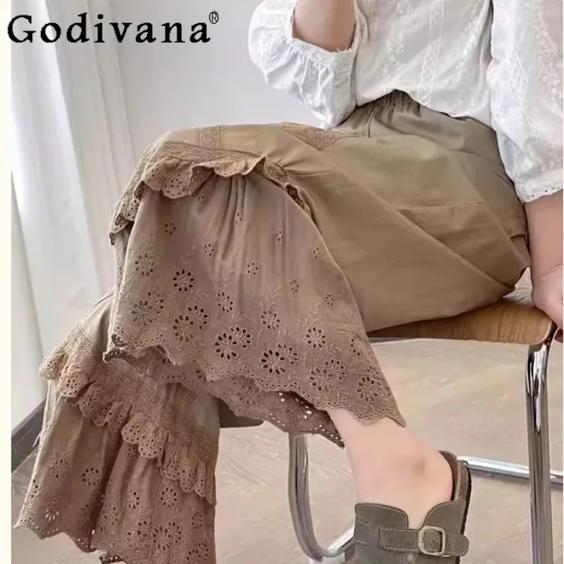

Large Size Japanese Sweet Lace High Waist Age-reducing Bootcut Pants Cute Women Spring Summer Fashion Lolita Wide-leg Trousers