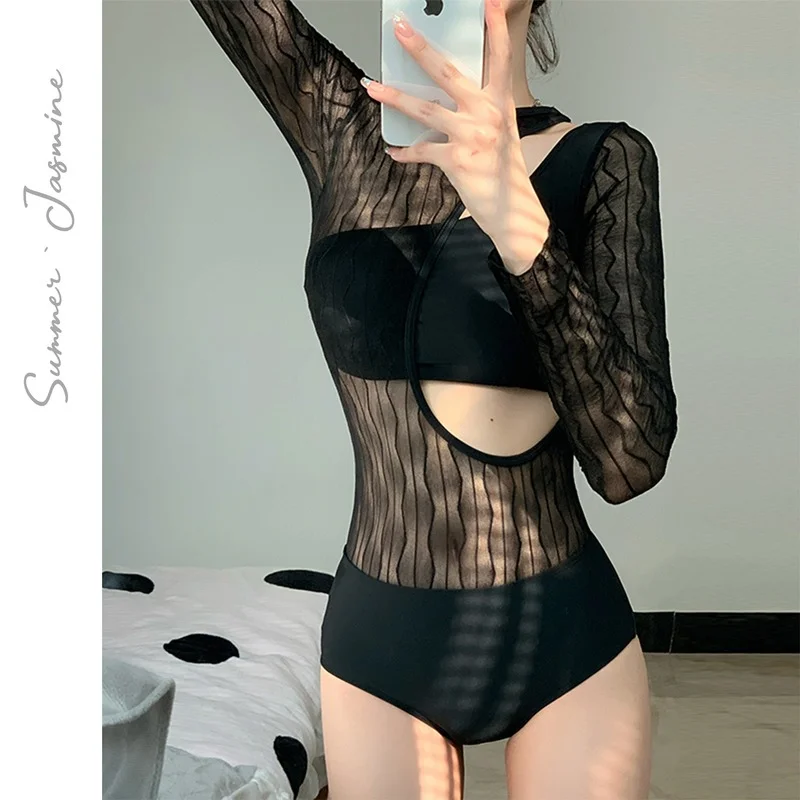 

2022 New One-Piece Swimsuit Women's Long Sleeve Big and Small Chest Gathered Skirt Cover Belly Slimming Spa Swimsuit