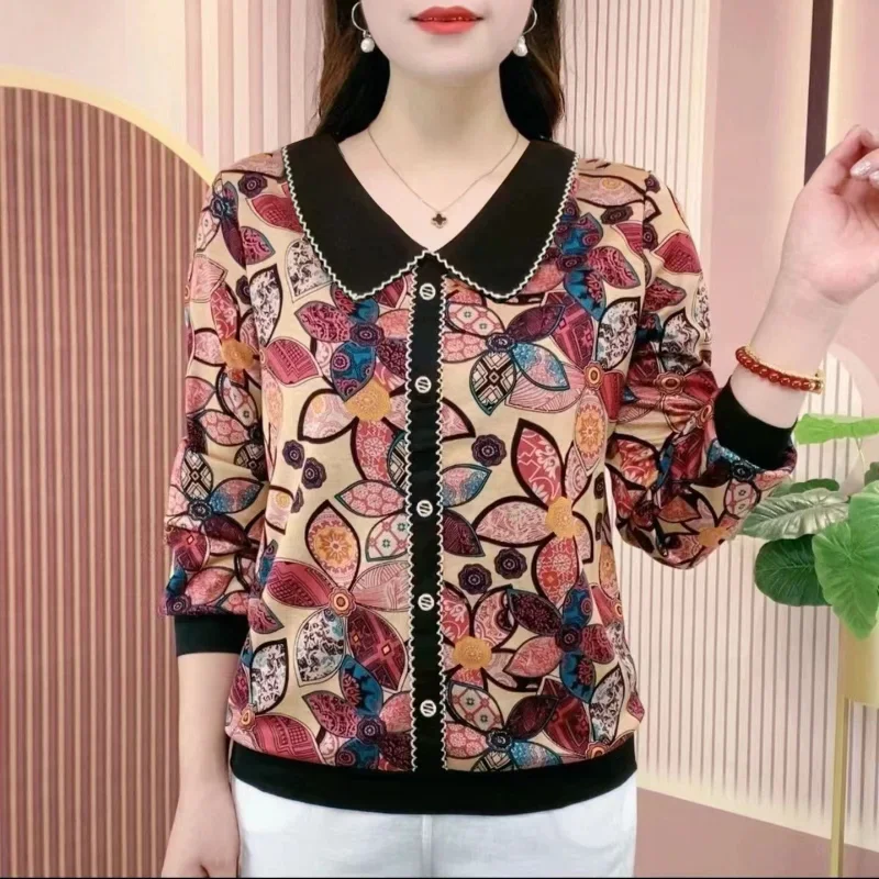 Top Printed  Collar Long Sleeve Shirt T-shirt for Women 2025 Autumn New Style Middle-aged Elderly Mothers Dressed