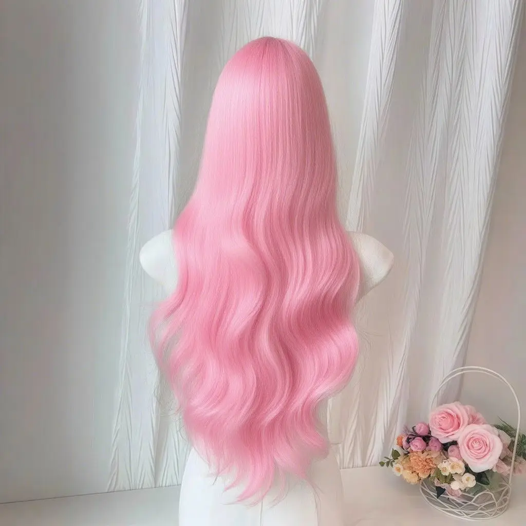 핑크 컬리 로리타 가발 - 자연스러운 빅 웨이브 코스프레 헤어피스, 스트레이트 뱅이 있는 풍성한 풀캡 합성 가발 (애니메이션 소녀용)