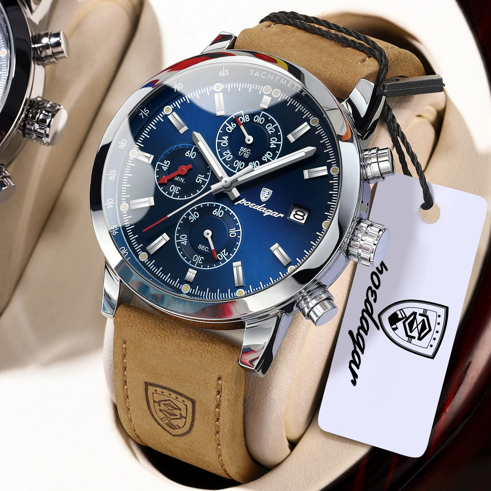 POEDAGAR Fashion Man Watch Date Waterproof Luminous Chronograph Men Wristwatch Leather Quartz Business Sport Men's Watches Reloj