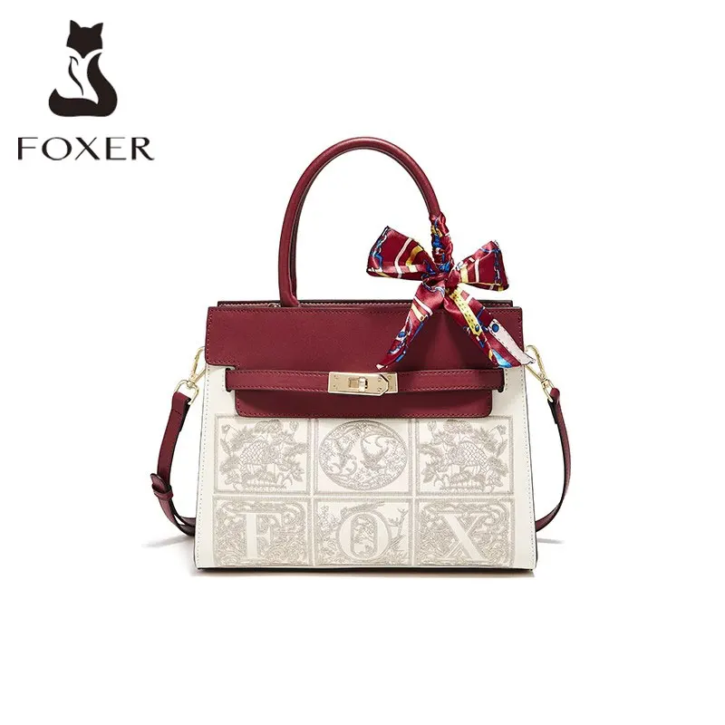 FOXER Brand New Women Fall Winter Office Handbag Lady Split Leather Crossbody Shoulder Bag Chic Silk Scarf Printing Medium Totes