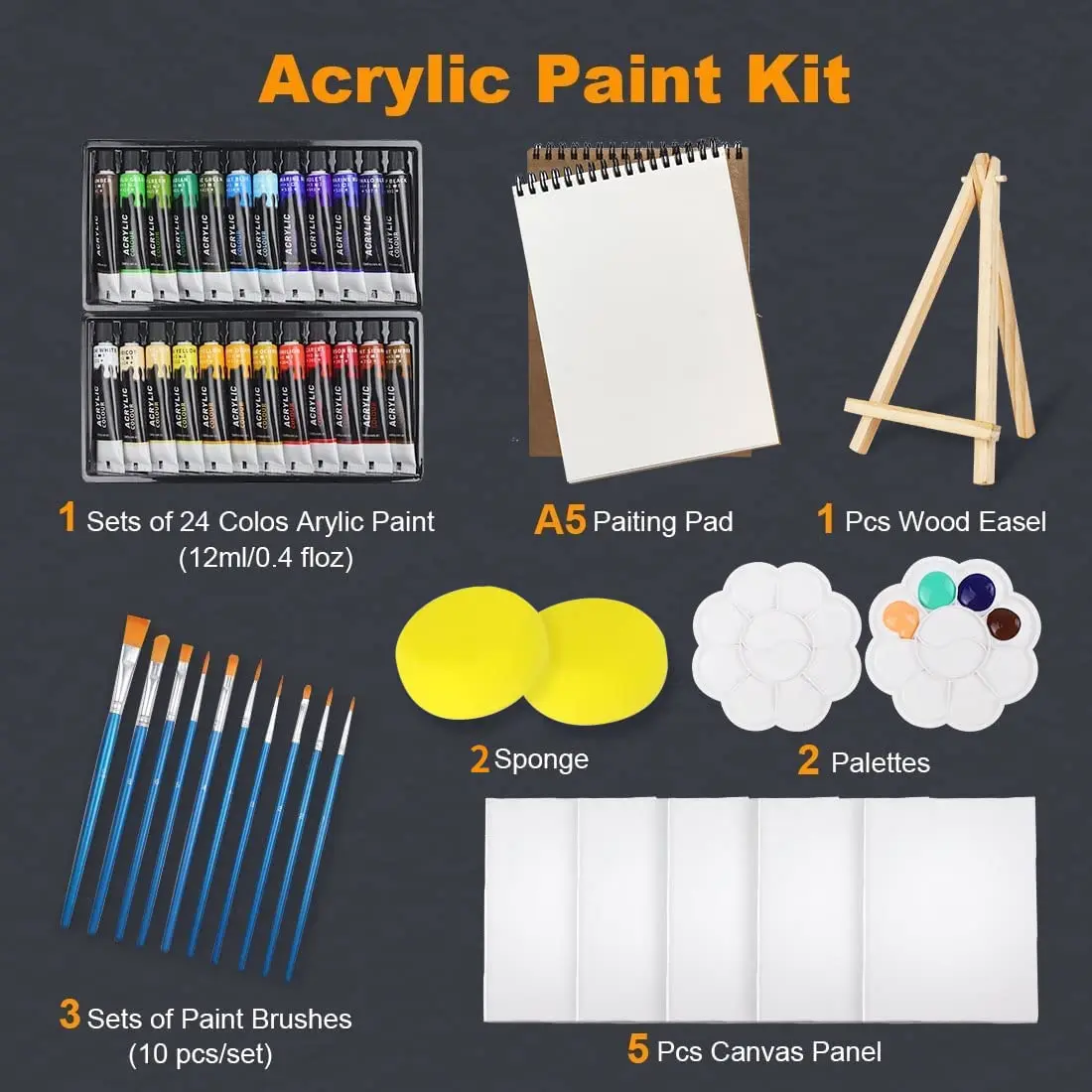 Kit de peinture acrylique avec 24 couleurs, 30 pinceaux, 5 toiles, 1 tampon, 2 palettes, 2 éponges et 1 bois liatif el pour débutants, enfants et adultes