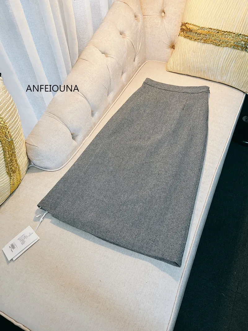 ANFEIOUNA Women 2024 Autumn Top Quality Wool Skirt Long Skirts Gray High Waist Solid Color Slit Elegant OL Falda New Arrival