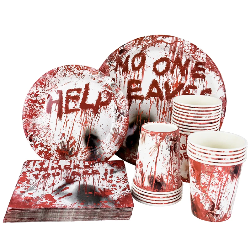 Halloween Party Disposable Tableware Scary Bloody Handprint Paper Plates Cups Popcorn Box For Halloween Horror Party Decor Props