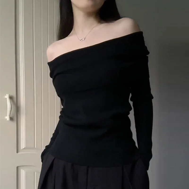 ملابس النساء سترة محبوكة بأكمام طويلة بلوفرات نسائية جديدة سوداء مائل الرقبة سترة متماسكة البلوز النساء بلايز تريكو Q1690 #4