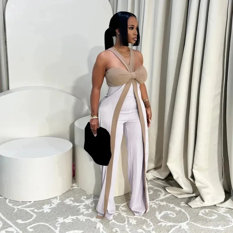KEXU 여성용 브이넥 오프숄더 컬러 블록 와이드 레그 점프수트 2025 패션 섹시 파티 플레이수트 원피스 수트 롬퍼