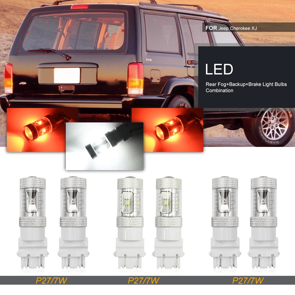 Para Jeep Cherokee XJ 1997 1998 1999 2000 2001 P27/7W sin errores LED de respaldo inverso/freno trasero/bombillas de luz antiniebla trasera de repuesto