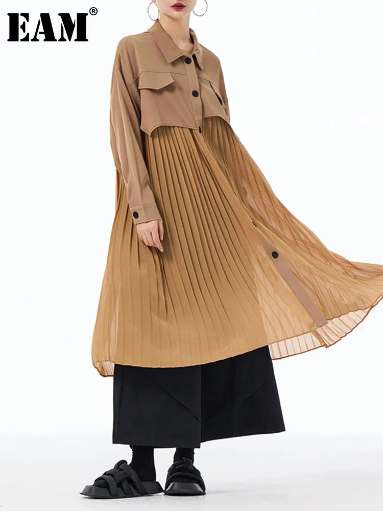 [EAM] Women Army Green Pleated Spliced Big Size Midi Shirt Dress New Lapel Long Sleeve Fashion Tide Spring Autumn 2024 1DH6927