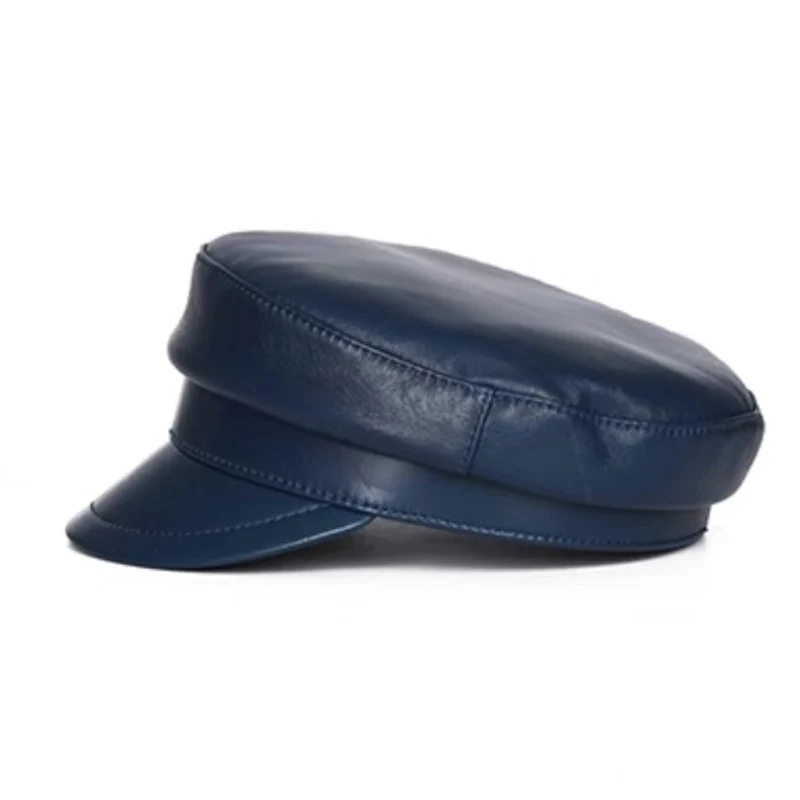 Hat Women Men Military Caps Black Real Leather studentsr Hats Flat Female Adjustable Autumn Winter Captain Caps Navy Hat