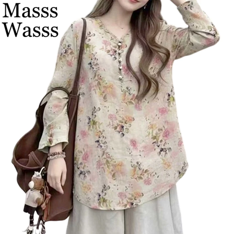 

Masss Wasss 2026 Loose Vintage Floral Shirts Ladies Korean Classic V Neck Tops Womens Spring Fashion Causal Cotton Linen Blouses