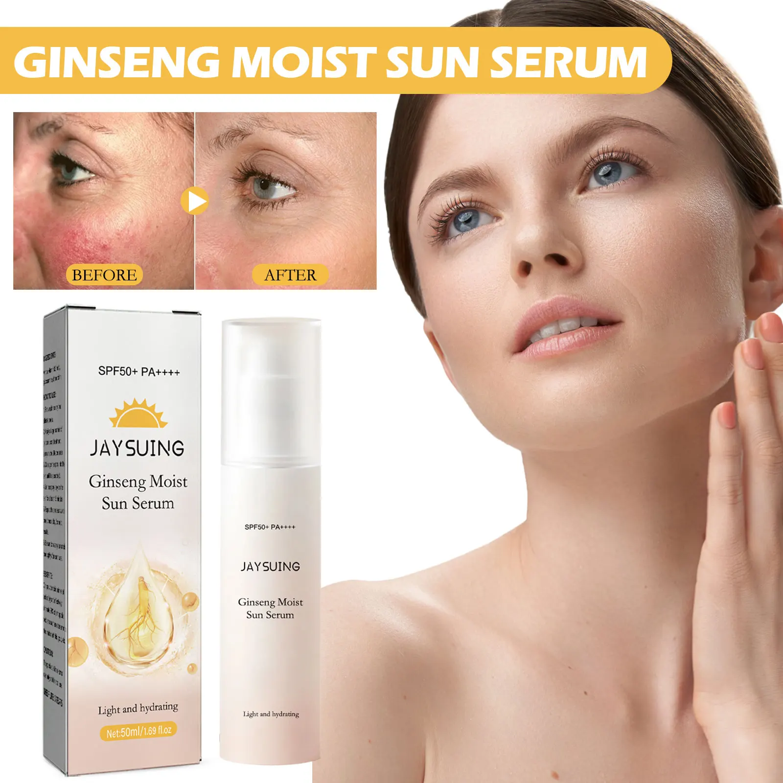 Jaysuing 50ml Ginseng moisturizing protective essence brightens skin, refreshing and non greasy SPF50 anti ultraviolet essence