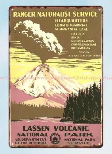 Lassen Volcanic national park and Lassen erupting, 1938 metal tin sign