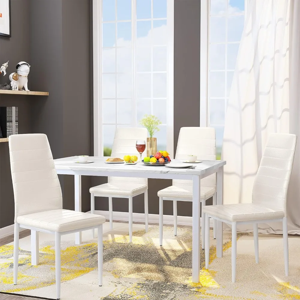 Marble Dining Table 4-piece Set, Comfortable PU Leather Chairs, Dining Room Small Space Dining Table Set, Living Room，White