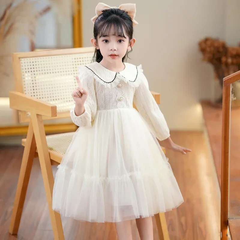 Girls Chinese style cotton dress spring autumn child doll neck cake Princess suit cute baby lace mesh clothing free shipping