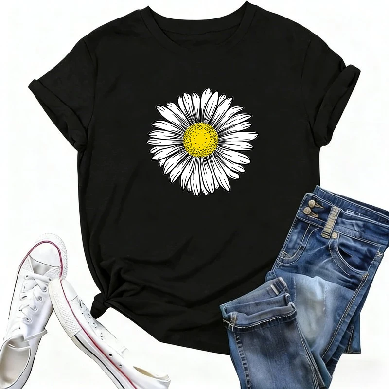 Daisy Flowers Shirt Floral Design Daisy Graphic T Shirt С Принтом Folk Art Shirt Women TShirt Mujer Camisa Feminina Kleding