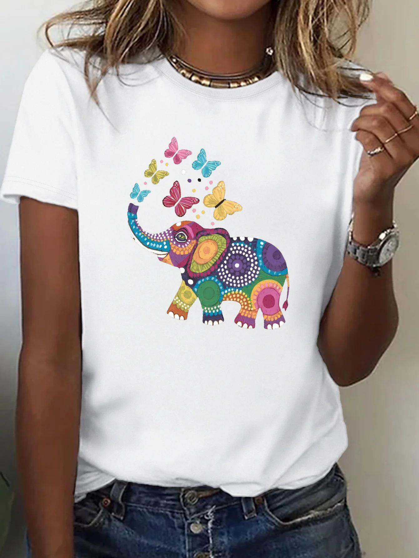 

Comfortable Casual Sleeve Round Neck Casual Wear Women's Soft T-Shirt with Vibrant Elephant & Butterfly Design tops