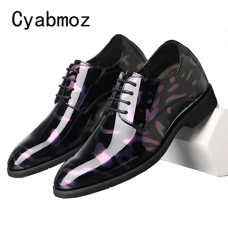 

Men Business Dress Shoes Comfortable Height Increasing 6CM Print Patent Leather Shoe Hidden Wedge Heel Elevator Party Shoe Man