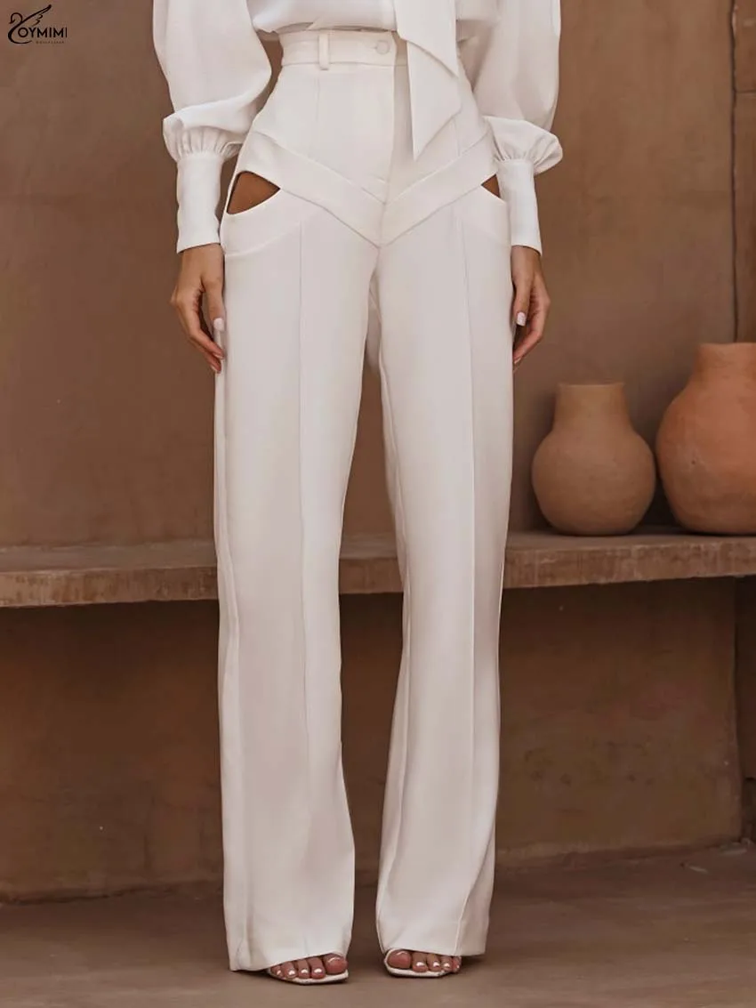 Oymiim Fashion Beige Button Women's Pants Autumn High Waisted Hollow Out Trousers Casual New Zipper Straight Full Length Pants