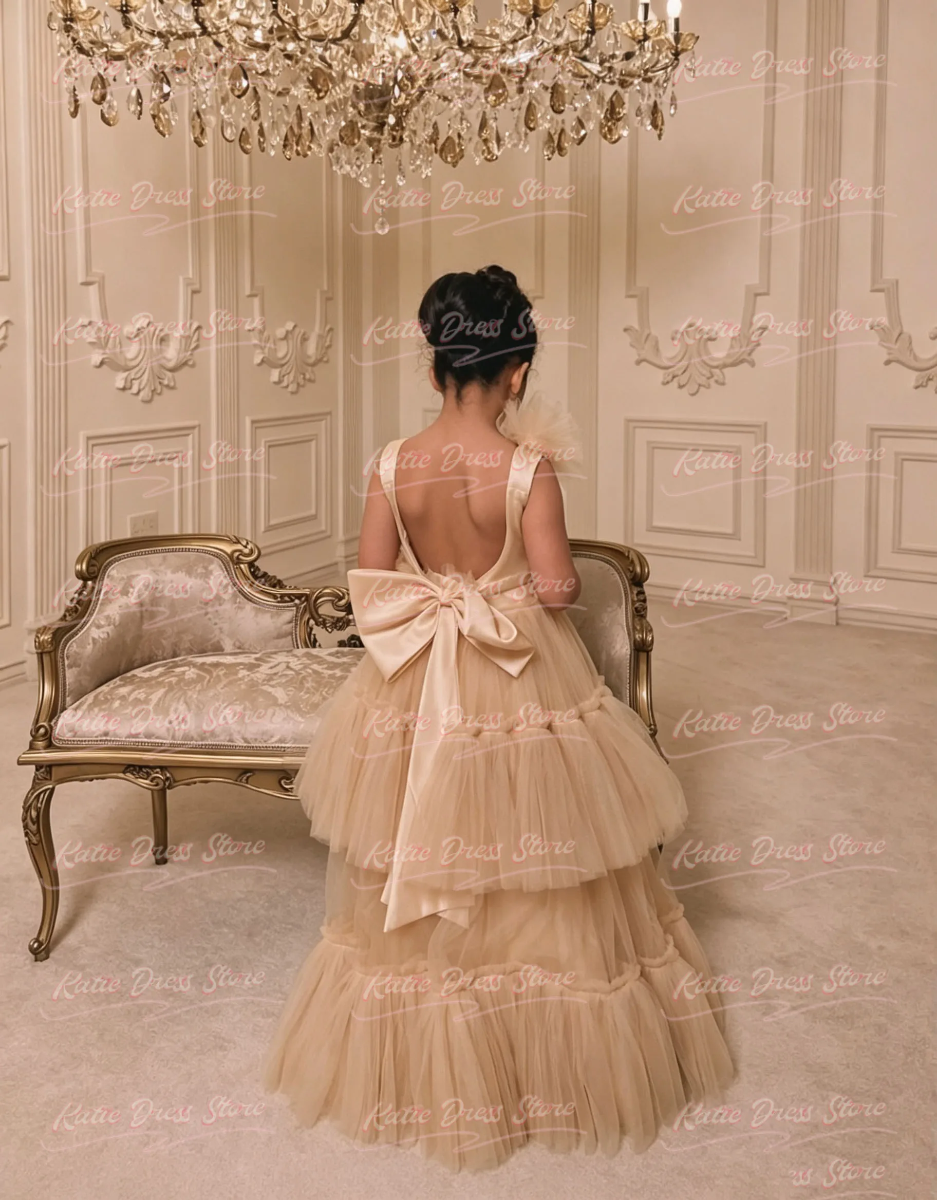Customized Flower Girl Dress For Wedding Backless Tulle Puffy With Bow Elegant Kids Birthday Party First Communion Ball Gowns