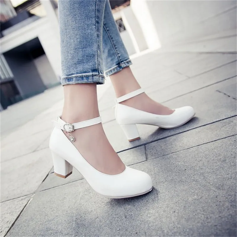 New Women Pumps Solid Buckle Lolita Shoes Square Heel Ankle Strap Shoes High Heel Platform Shoes Plus Size 42/43 Mary Jane shoes