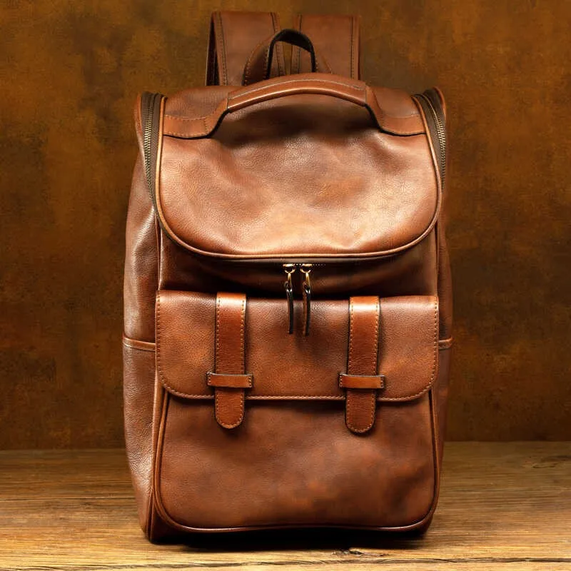 Retro trend handmade genuine leather backpack for men and women, top layer vegetable tanned cowhide double shoulder bag