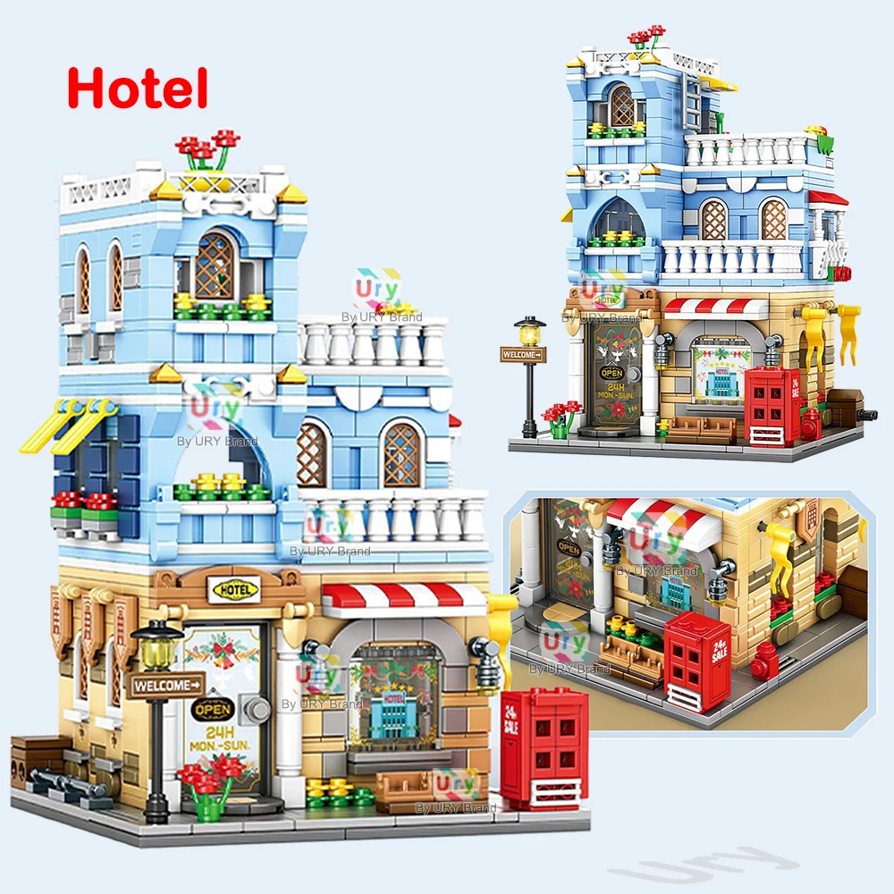 City Street View Modulair winkelcentrum Supermarkt Hotel Burger Coffee Shop Retro Flower House MOC Architectuur Bouwstenen voor kinderen