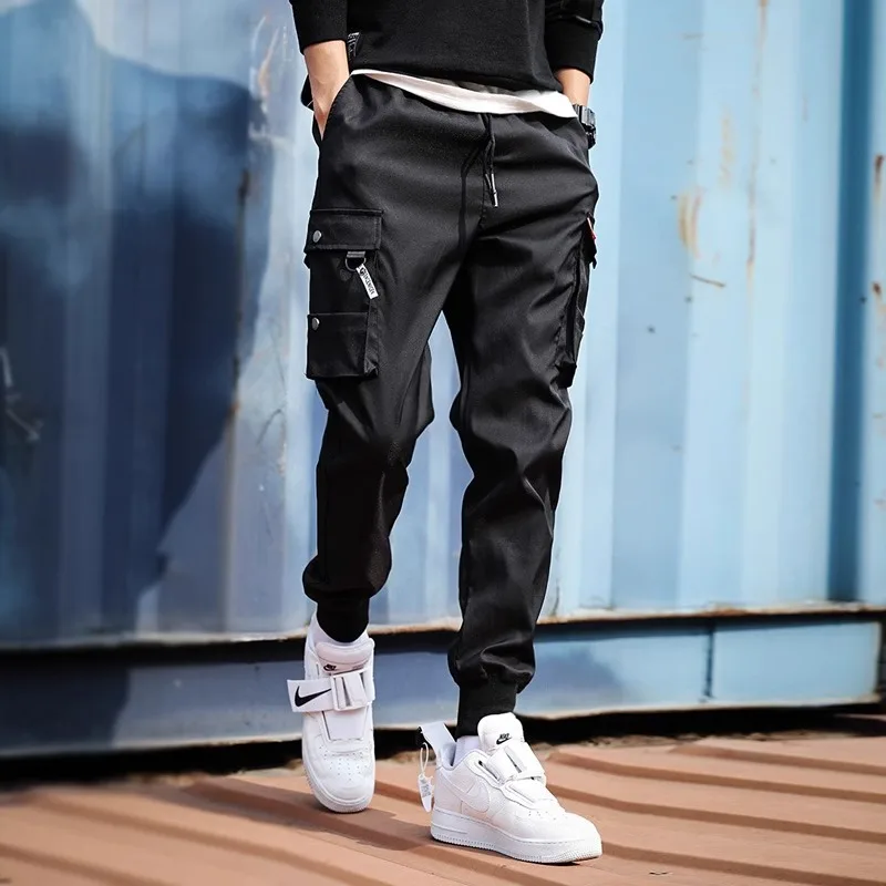 

New men's fitness casual pants fashion brand large size men's solid color multi-pocket bunched feet American tracksuit pants