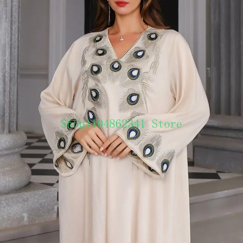 여성 이슬람 드레스 가운 라인 석 드레스 이슬람 전체 길이 드레스 느슨한 중동 Thobe 여성 긴 소매 드레스