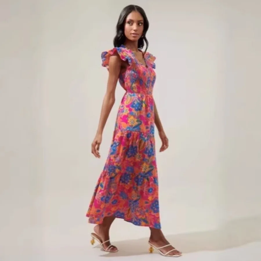 

Летнее платье 2026 года в новом стиле для пляжного отдыха, модное, с цветочным принтом, без рукавов