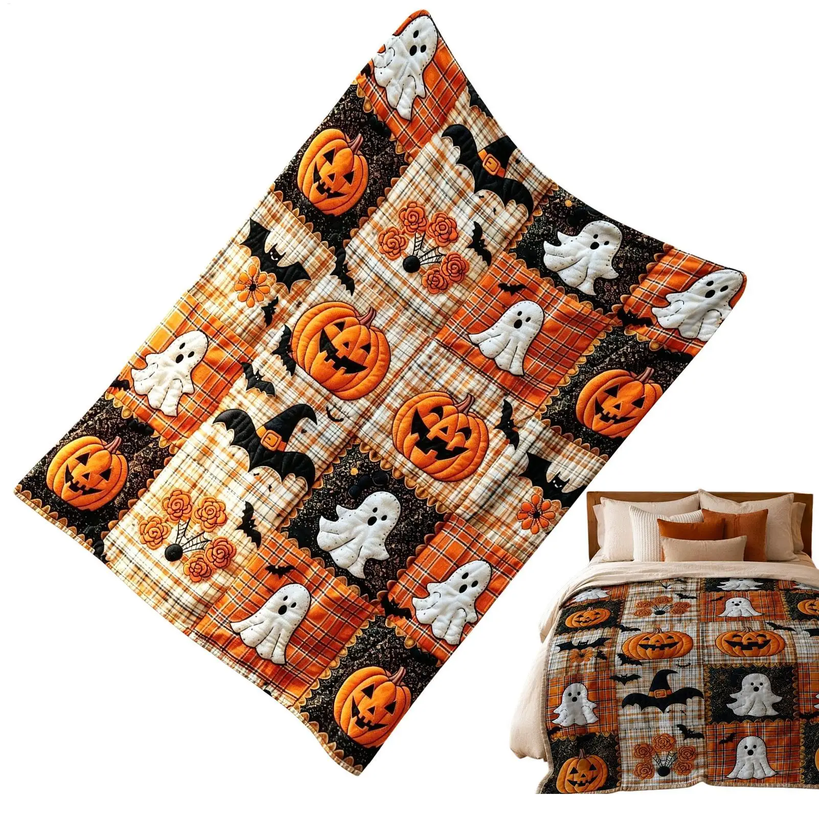 Halloween Flannel Throw Blanket Pumpkin Ghost Bat Patterns Lightweight Breathable Cozy Fabric Foldable Compact Themed Decorative