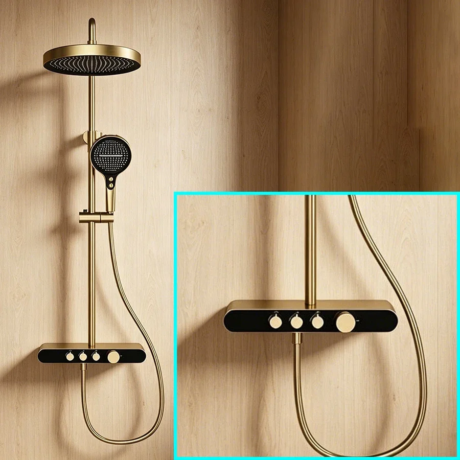 Brushed Gold Piano Digital Shower Set 12 Inch Rain Head Hot Cold Waterfall Bathroom Faucet Fixture Piano Digital Shower System